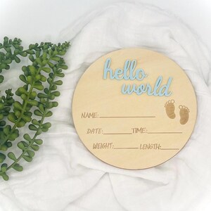 Hello World Wooden Birth Announcement Sign: Baby Footprints, Nursery Decor