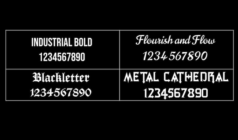 Op de afbeelding: Een zwart-witte afbeelding die verschillende lettertypen laat zien met de nummers 1234567890. De lettertypen omvatten Industrial Bold, Blackletter, Flourish and Flow en Metal Cathedral.