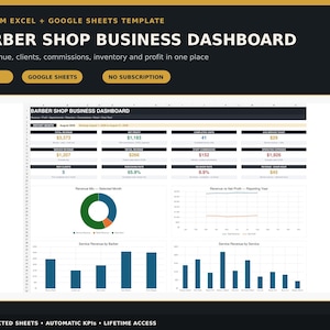 May include: A digital barber shop business dashboard template for Excel and Google Sheets. The interface displays financial metrics, including total revenue, net profit, and service revenue, alongside a donut chart and bar graphs for data visualization.