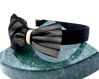 Elegant Black Bow Headband - Upcycled Vintage Tie - Handcrafted with Love