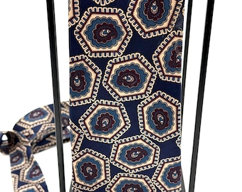 Niebieski, wzorzysty, jedwabny krawat vintage