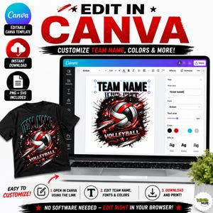 May include: An editable Canva template for a volleyball-themed t-shirt design featuring a graphic of a volleyball with red and black motion streaks and stars. The interface displays text fields for team name customization and font selection.
