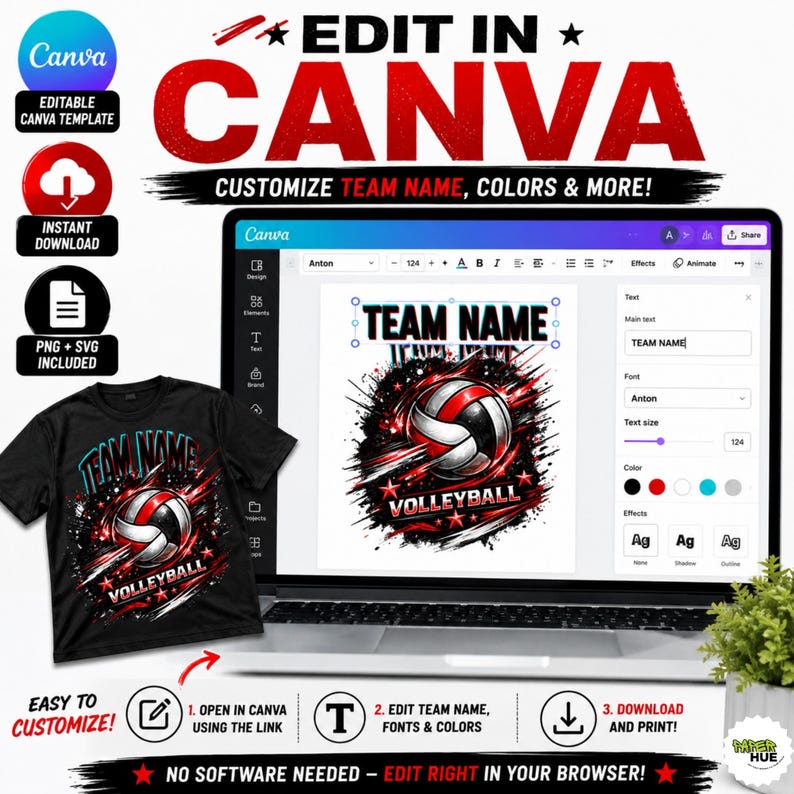 May include: An editable Canva template for a volleyball-themed t-shirt design featuring a graphic of a volleyball with red and black motion streaks and stars. The interface displays text fields for team name customization and font selection.