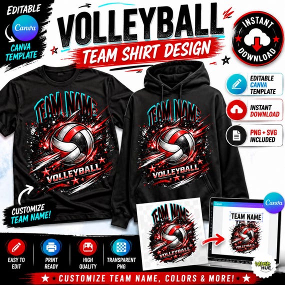 Volleyball Team Shirt Design Canva Template, Editable Sports Team PNG SVG, Custom Team Name T-Shirt Design Download