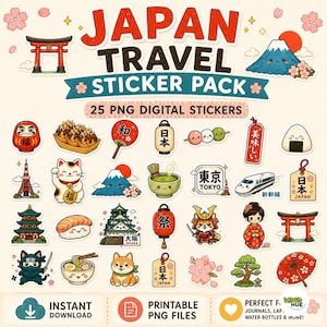 日本のクリップアートPNGバンドル、かわいい日本のステッカー、寿司ラーメン桜クリップアート、東京旅行デジタルダウンロード