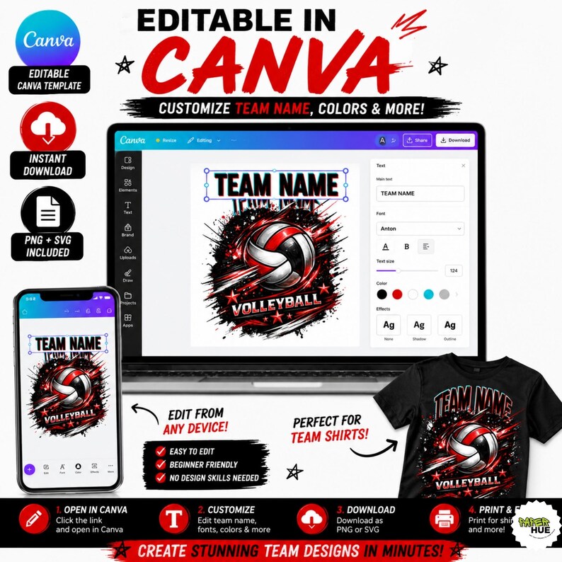 May include: An editable Canva template for a volleyball team design featuring a graphic of a volleyball with red and black paint splatters. The template includes text fields for a team name and the word volleyball, shown on a laptop and phone.