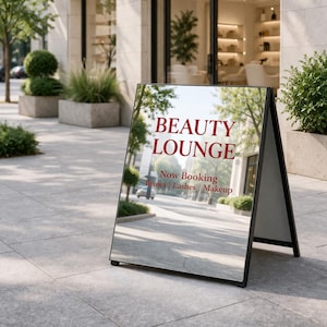 Op de afbeelding: Een zwart A-framebord met de tekst "BEAUTY LOUNGE" in bordeauxrode letters. Daaronder staat "Now Booking Brows | Lashes | Makeup". Het bord weerspiegelt een straatbeeld met bomen en gebouwen.