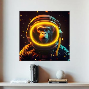 Neon Astronaut Monkey Wall Art – Futuristic LED Poster Print for Gamers, Space Lovers, Cool Room or Office Decor, Unique Gift Idea