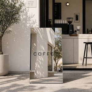 May include: A rectangular, upright standing mirror sign with a reflective surface displaying the word COFFEE in black, sans-serif capital letters. The mirror reflects the surrounding outdoor building facade, a tree, and a nearby coffee shop interior.