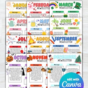 May include: A collection of 12 monthly newsletter templates titled 12 Month Newsletters, each featuring seasonal illustrations like pumpkins, snowmen, and flowers. The layouts include sections for messages, reminders, and updates, with an edit with Canva badge.