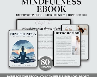 Op de afbeelding: Een digitale productmockup voor een e-book met de titel "Mindfulness Ebook & Workbook". De e-bookcover toont een silhouet van een persoon die mediteert voor een zonsondergang. De tekst "80 pagina's" wordt weergegeven in een witte doos met een zwarte rand. De tekst "DONE FOR YOU EBOOK, YOU CAN RESELL FOR 100% PROFIT" wordt onderaan de afbeelding weergegeven.