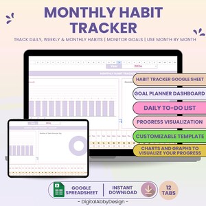 Habit Tracker Spreadsheet, Daily Weekly Monthly Habit Tracker Google Sheets, Goal Planner Dashboard, Spreadsheet Daily To Do List Template