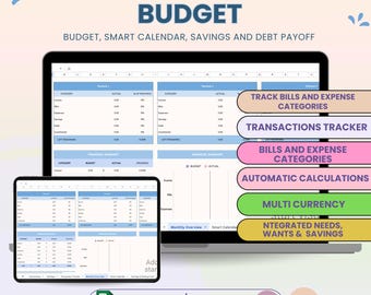Monthly Paycheck Budget, Spreadsheet Financial Tracker, Google Sheets Monthly Budget Tracker, Weekly Biweekly Bill Expenses Savings Debt