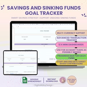 Sinking Funds Tracker Spreadsheet, Savings Goal Google Sheets, Savings Tracker Personal Finance Tracker, Savings Goal Spreadsheet Template
