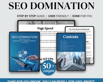 Libro electrónico y guía sobre dominio del SEO con derechos de reventa, herramienta de optimización SEO con PLR, plantilla de Canva para libros electrónicos sobre éxito SEO, descarga instantánea