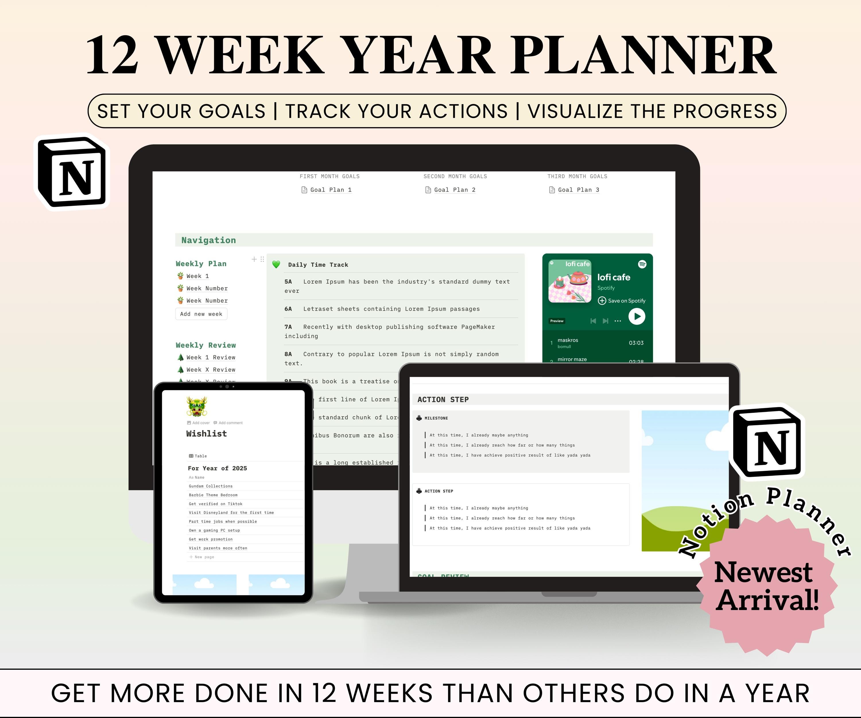 Notion 12 Week Year Planner Template, Digital Goal Setting Planner