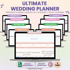 Könnte beinhalten: Eine digitale Illustration von neun Computerbildschirmen, die eine Hochzeitsplaner-Tabellenvorlage anzeigen. Die Bildschirme sind in einem Halbkreis angeordnet, mit dem Text "ULTIMATE WEDDING PLANNER" oben. Der Text "WEDDING PLANNER | BUDGET BY CATEGORY | TRACK EXPENSES" befindet sich unter dem Titel. Die Tabellenblätter umfassen "Wedding Day", "Seating Plan", "Settings Tab", "Contact List", "Wedding Budget", "Catering Menu", "Venue Research", "Guest List" und "Check List". Der Text "GOOGLE SPREADSHEET" und "INSTANT DOWNLOAD" befindet sich am unteren Rand des Bildes.