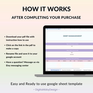 May include: A laptop screen displaying a Google Sheet template for debt management. The template includes sections for debt management, payment schedule, debt dashboard, and payment tracker. The text "DEBT MANAGEMENT" is displayed at the top of the sheet. The text "Easy and Ready to use google sheet template" is displayed below the laptop.