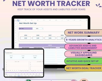 Net Worth Tracker Spreadsheet, Multi-Year Dashboard Spreadsheet, Google Sheets Template, Net Worth Yearly Calculator, Investment Tracker