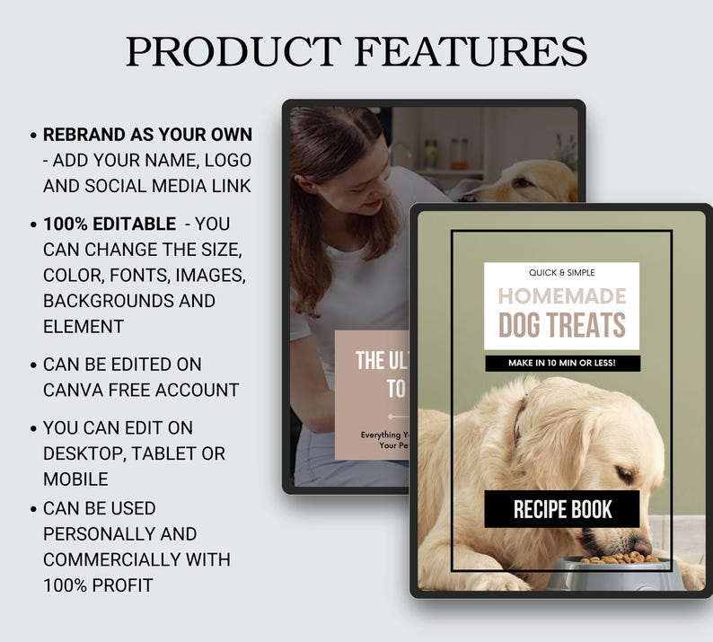 May include: A digital product mockup featuring a recipe book cover with a golden retriever dog eating dog treats. The cover text reads "Quick & Simple Homemade Dog Treats. Make in 10 min or less!" and "Recipe Book".