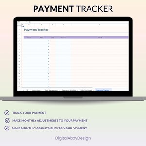 May include: A screenshot of a computer screen displaying a spreadsheet titled "Payment Tracker". The spreadsheet has columns for date, debt, USD, amount, and notes. The spreadsheet is designed to help users track their payments and manage their debt.