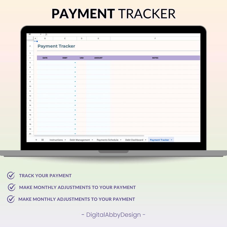 May include: A screenshot of a computer screen displaying a spreadsheet titled "Payment Tracker". The spreadsheet has columns for date, debt, USD, amount, and notes. The spreadsheet is designed to help users track their payments and manage their debt.