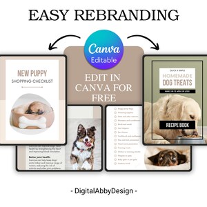 May include: A digital product mockup with three different designs for dog-related content. The designs are titled "New Puppy Shopping Checklist", "Homemade Dog Treats", and "Recipe Book". The designs are editable in Canva and feature images of dogs.