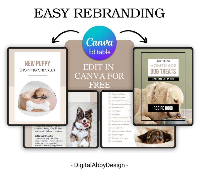 May include: A digital product mockup with three different designs for dog-related content. The designs are titled "New Puppy Shopping Checklist", "Homemade Dog Treats", and "Recipe Book". The designs are editable in Canva and feature images of dogs.