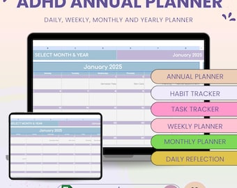 Arkusz kalkulacyjny ADHD Life Planner, Arkusz kalkulacyjny do śledzenia rocznego, tygodniowego i dziennego, Arkusze Google Daily Habit Planner, Tygodniowy planer rutyny