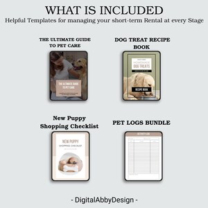 May include: A digital download package for pet owners, including a guide to pet care, a dog treat recipe book, a new puppy shopping checklist, and a pet logs bundle. The guide features a photo of a woman and a golden retriever. The recipe book features a photo of a golden retriever eating a dog treat. The checklist features a photo of a puppy in a dog bed. The pet logs bundle features a blank activity log.