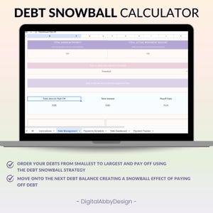 May include: A laptop screen displaying a debt snowball calculator spreadsheet with instructions on how to use the debt snowball strategy to pay off debt. The spreadsheet includes columns for total minimum payment, total actual repayment amount, total amount paid off, total interest, and payoff date. The spreadsheet is titled "Debt Snowball Calculator".