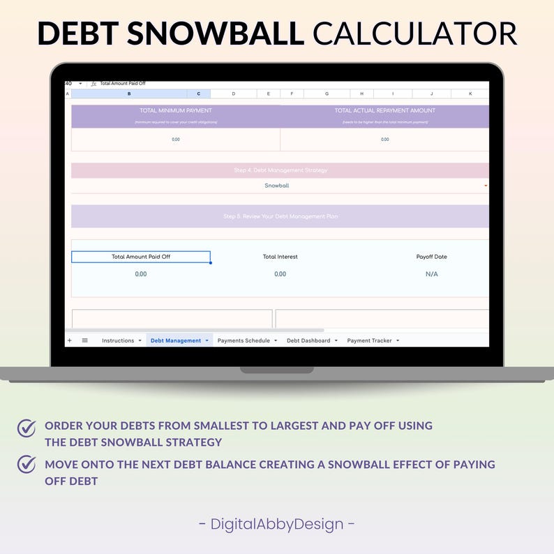 May include: A laptop screen displaying a debt snowball calculator spreadsheet with instructions on how to use the debt snowball strategy to pay off debt. The spreadsheet includes columns for total minimum payment, total actual repayment amount, total amount paid off, total interest, and payoff date. The spreadsheet is titled "Debt Snowball Calculator".