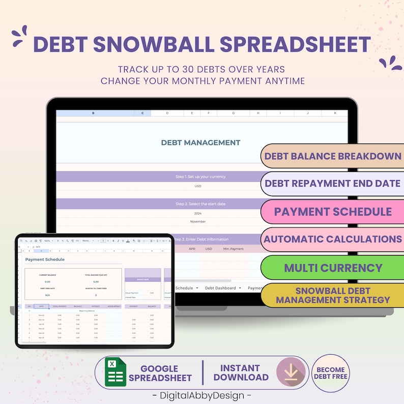 May include: A Google Spreadsheet template for managing debt using the snowball method. The spreadsheet features a colorful design with pink, purple, and green accents. The spreadsheet includes features such as debt balance breakdown, debt repayment end date, payment schedule, automatic calculations, multi-currency, and snowball debt management strategy. The spreadsheet is available for instant download.