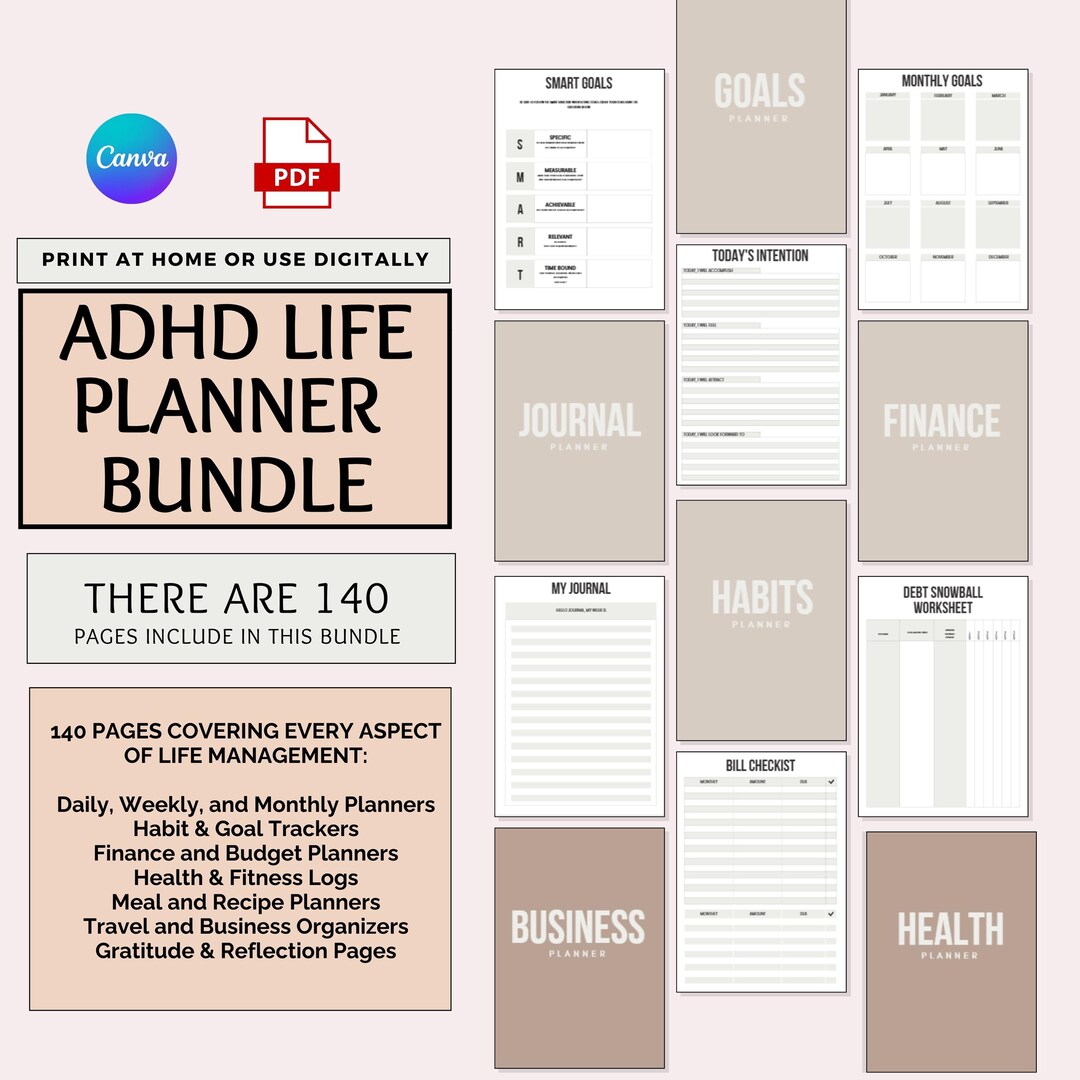 Productivity Planner for ADHD, Printable & Digital, Life Organizer PDF ...
