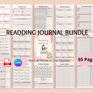 May include: A printable reading journal bundle with 55 pages. The pages are designed with a pink and white colour scheme and include sections for reading goals, favourite books, a reading tracker, and a 30 book challenge.