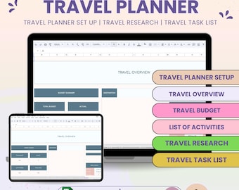 May include: A digital image of a computer screen displaying a Google spreadsheet with eight tabs for a travel planner. The tabs include: Travel Planner Setup, Travel Overview, Travel Budget, List of Activities, Travel Research, and Travel Task List. The spreadsheet is labelled "Google Spreadsheet" and "Instant Download".