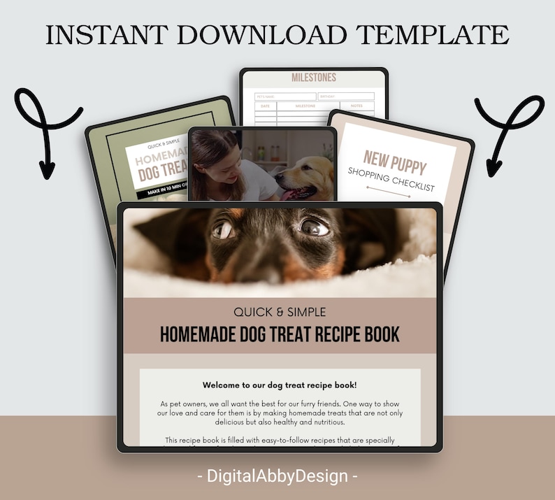 May include: A digital download template for a homemade dog treat recipe book. The cover features a close-up of a dog's eyes and the text "Quick & Simple Homemade Dog Treat Recipe Book".