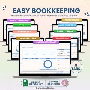 May include: A Google Spreadsheet template for easy bookkeeping with eight tabs: Monthly Dashboard, Operational Tracker, Settings Tab, Accounts Tab, Annual Dashboard, Annual Tax Reporting, 5-Years Forecast, and Financial Year. The template is designed to track business growth over years and monitor income and expenses.