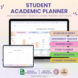 Student Academic Planner Spreadsheet, Student Planner Google Sheets, Assignment Tracker, Semester Course Tracker, Study Reading Tracker