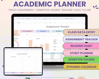 Student Academic Planner Spreadsheet, Student Planner Google Sheets, Assignment Tracker, Semester Course Tracker, Study Reading Tracker