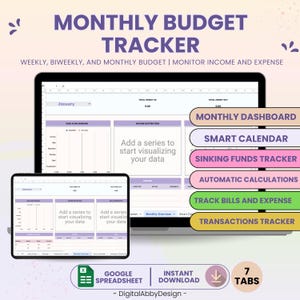 May include: A digital illustration of a computer screen showing a Google spreadsheet with a monthly budget tracker. The spreadsheet has 7 tabs, including a monthly dashboard, smart calendar, sinking funds tracker, automatic calculations, track bills and expense, and transactions tracker. The text "Monthly Budget Tracker" is displayed in a pink, purple, and green color scheme.