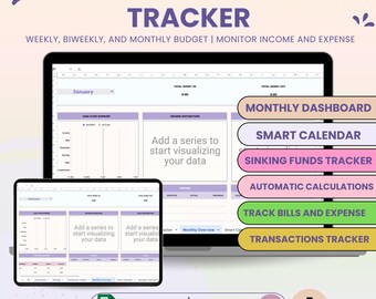 May include: A digital illustration of a computer screen showing a Google spreadsheet with a monthly budget tracker. The spreadsheet has 7 tabs, including a monthly dashboard, smart calendar, sinking funds tracker, automatic calculations, track bills and expense, and transactions tracker. The text "Monthly Budget Tracker" is displayed in a pink, purple, and green color scheme.