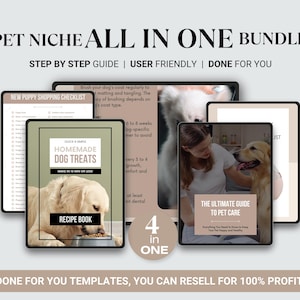 May include: A digital product bundle for pet niche businesses. The bundle includes four digital products: a new puppy shopping checklist, a quick and simple homemade dog treats recipe book, a guide to pet care, and a 4 in 1 bundle graphic. The bundle is done for you and can be resold for 100% profit.
