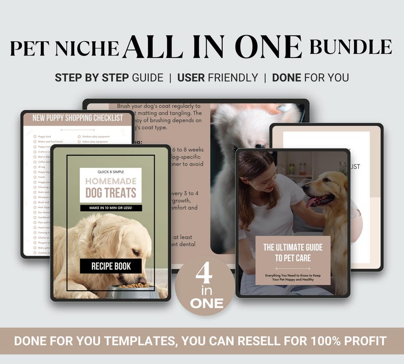 May include: A digital product bundle for pet niche businesses. The bundle includes four digital products: a new puppy shopping checklist, a quick and simple homemade dog treats recipe book, a guide to pet care, and a 4 in 1 bundle graphic. The bundle is done for you and can be resold for 100% profit.