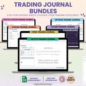 Bundel met handelsdagboek, handelsdagboek voor crypto en aandelen, forex, handelsdagboek voor futures, handelsdagboek voor opties, Google-spreadsheet