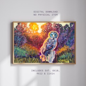 May include: A digital painting of an owl perched on a wooden post in a forest setting. The owl has blue eyes and a gray and brown plumage. The background is a vibrant mix of colors, including green, orange, and purple.