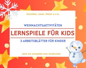 May include: A white card with a red background and gold stars. The card has the text "Weihnachtsaktivitäten Lernspiele für Kids 3 Arbeitsblätter für Kinder Jetzt als Lernpaket zum Ausdrucken" in blue and red.