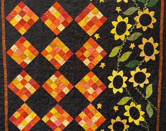 Appliquéd Sunflowers in Autumn Quilt – Handmade 60x76” Black Background with Golden Flowers & Autumn Patchwork