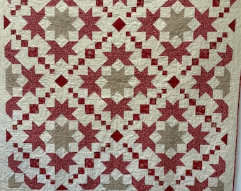 Handmade Quilt Red and Taupe Broken Stars 64" x 64" Traditional Patchwork Throw, Farmhouse Bedtopper, Wall Hanging