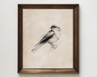 Könnte beinhalten: Gerahmte Bleistiftzeichnung eines Vogels auf einem Ast. Das Kunstwerk ist in Graustufen gehalten, mit detaillierten Schattierungen, die Tiefe und Textur erzeugen. Der Rahmen ist dunkelbraun und der Hintergrund ist ein neutrales Beige. Der Text "ARTO PRINTA WALL ART" steht unten.